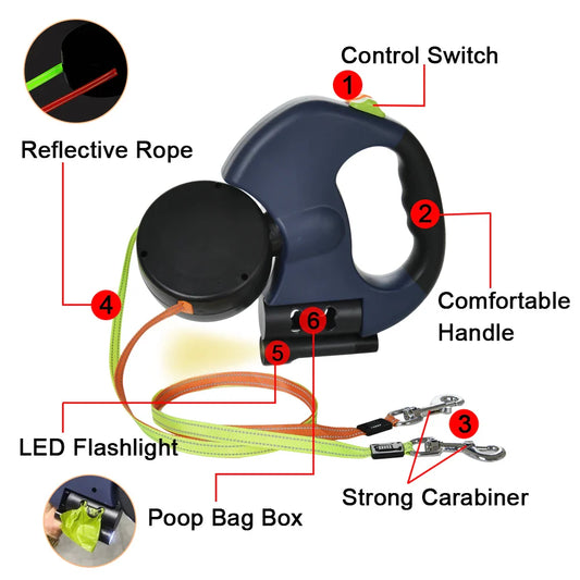 Retractable Dog Leash with Light – 3M Dual No-Tangle Lead for Small Dogs | Reflective 360° Swivel for Safe Night Walks