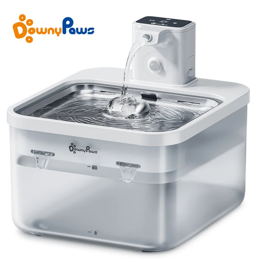 DownyPaws 2.5L Smart Cat Water Fountain – Wireless Stainless Steel Pet Drinker with Motion Sensor & Rechargeable Battery