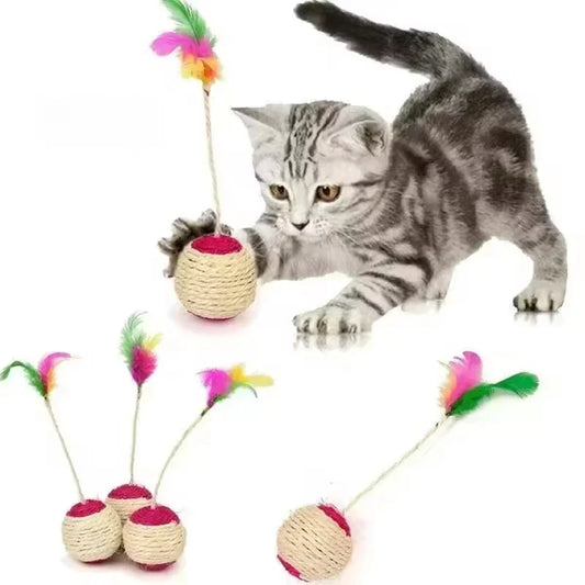 Premium Interactive Cat Toy – Feather & Sisal Scratching Ball for Play, Exercise & Claw Care