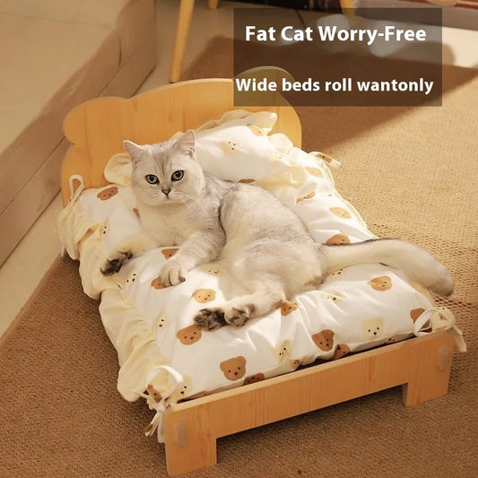 Premium Solid Wood Cat Bed – Stylish Pet Bed with Removable Washable Cushion for All-Season Comfort